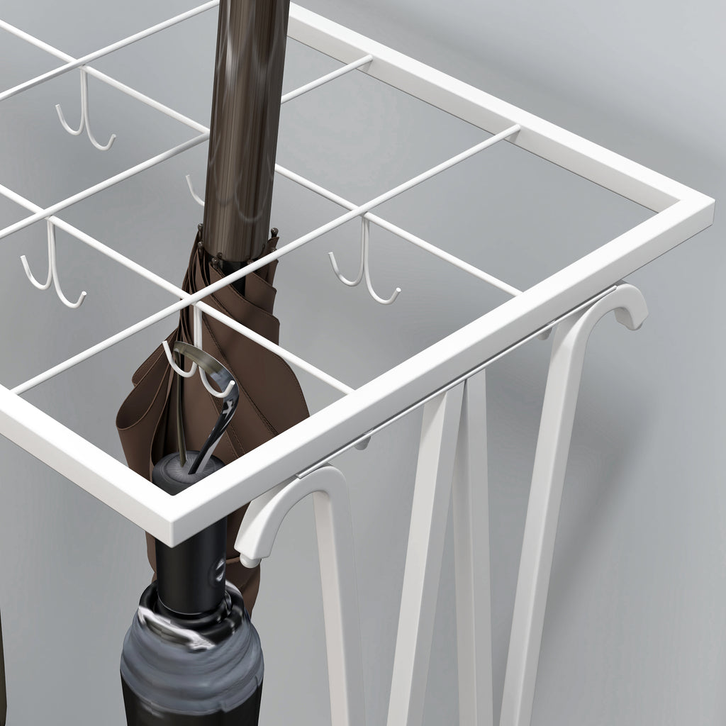 HOMCOM Umbrella Stand with Water Tray, 21 Holes and 24 Umbrella Hooks, Steel, 50x24x68 cm, White
