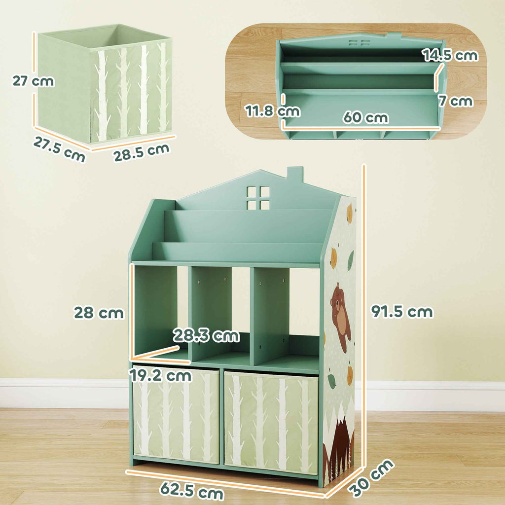 AIYAPLAY Children's Toy Storage Shelf in FSC Wood, 2 Removable Fabric Bins and Shelves, for Children's Bedroom, Green