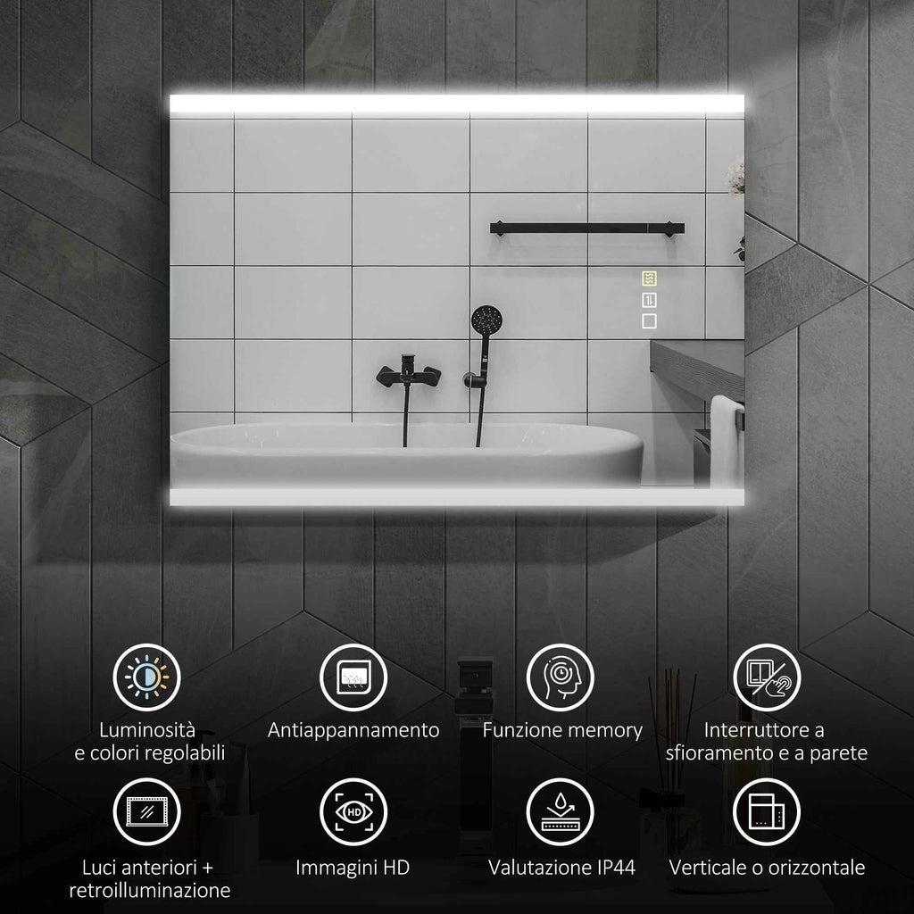 HOMCOM Bathroom Mirror with 3-Color LED Light and Memory Function, Tempered Glass, 70x50x3 cm, Silver