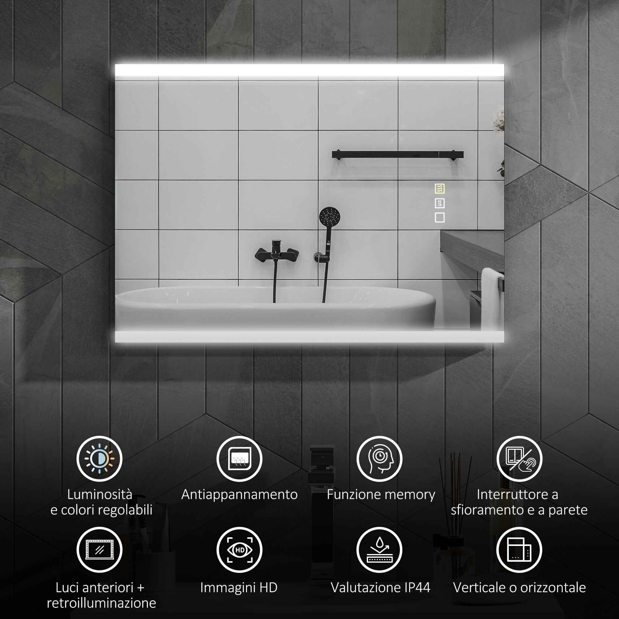 HOMCOM Bathroom Mirror with 3-Color LED Light and Memory Function, Tempered Glass, 70x50x3 cm, Silver