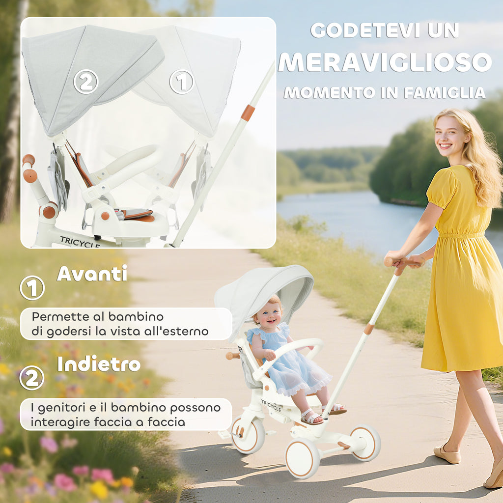 5-in-1 Children's Tricycle with Push Handle and Removable Cover, 96.5x49x101 cm, Cream White