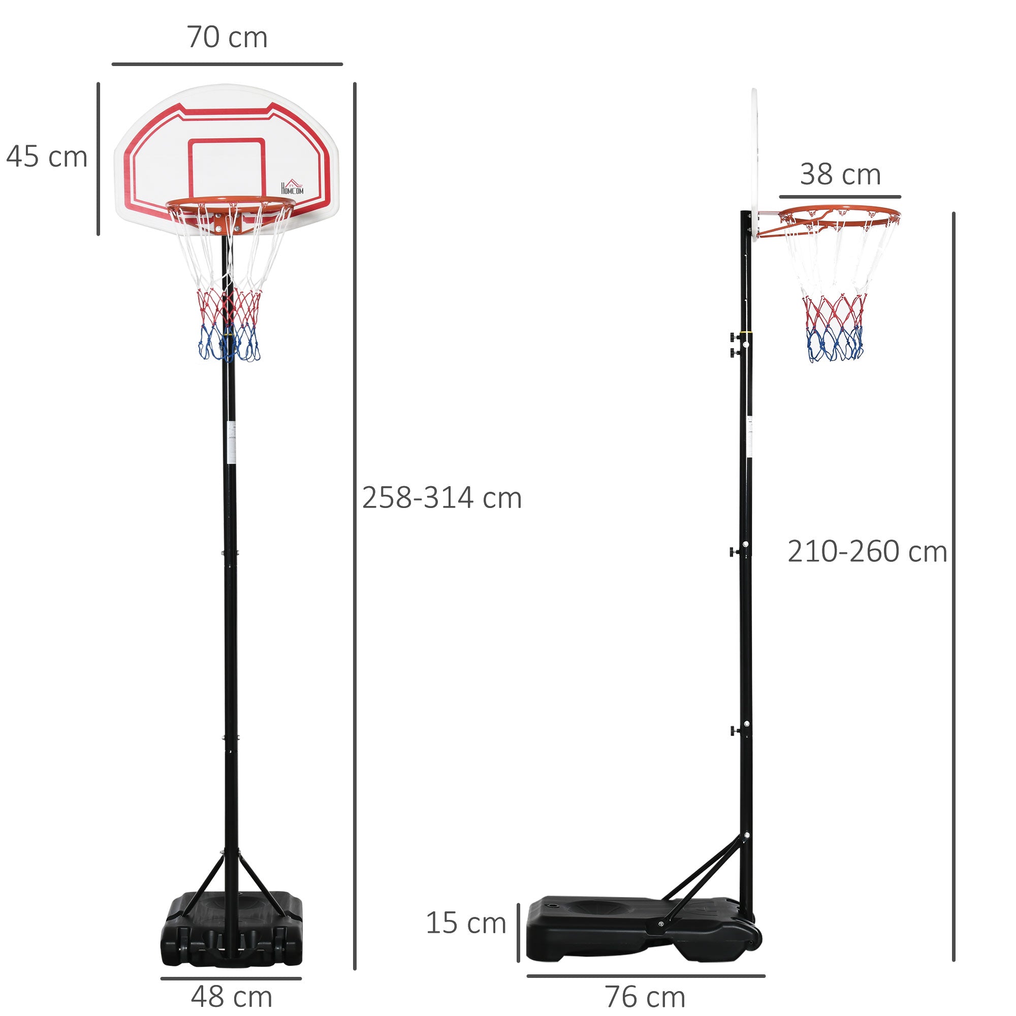 Height Adjustable Basketball Hoop with Fillable Base and 2 Wheels, in Steel, PE and HDPE, 70x45x2 cm