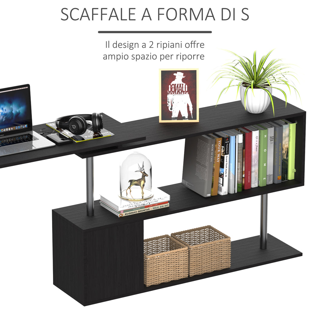 Space-Saving Corner Desk with S-Shaped Shelf, Modern Wooden Desk, 140x120x78 cm, Black