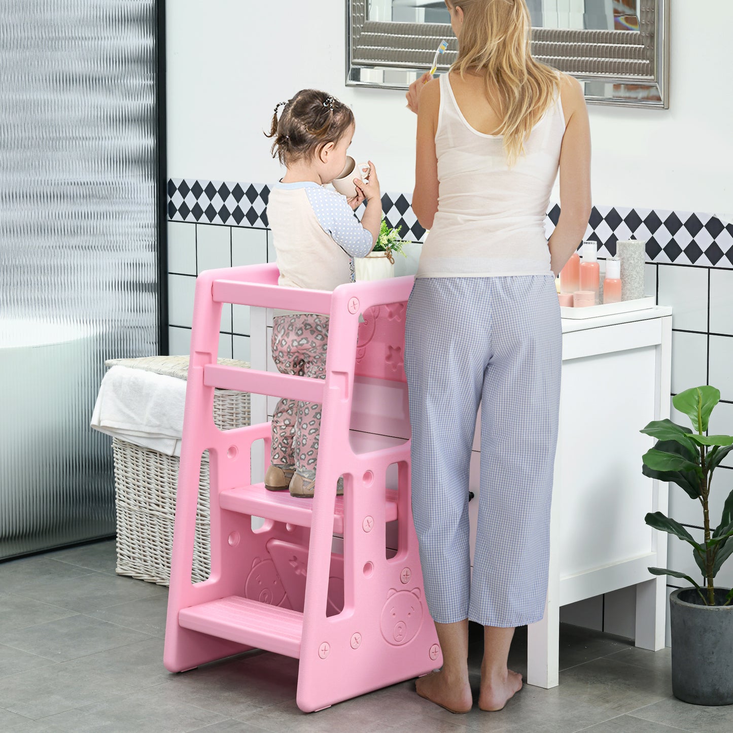 Children's Step Ladder 18 Months-5 Years 3 Levels and Adjustable Height, in HDPE, 47x47x90 cm, Pink