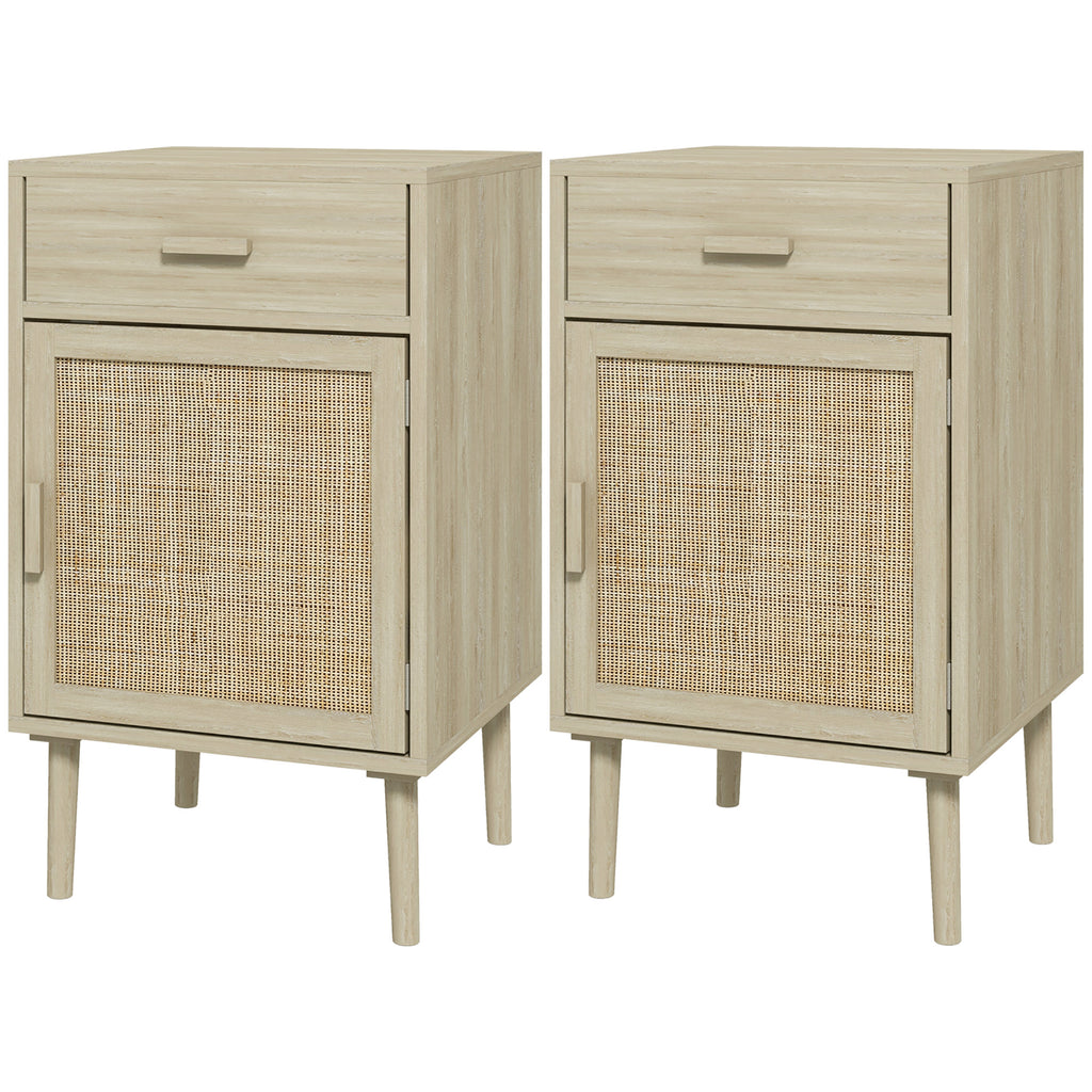 Set of 2 Bedside Tables for Bedroom with Drawer and Door in Boho Style Rattan, Wood Colour - Borgè
