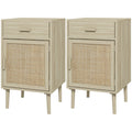 Set of 2 Bedside Tables for Bedroom with Drawer and Door in Boho Style Rattan, Wood Colour - Borgè