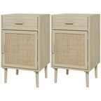 Set of 2 Bedside Tables for Bedroom with Drawer and Door in Boho Style Rattan, Wood Colour - Borgè