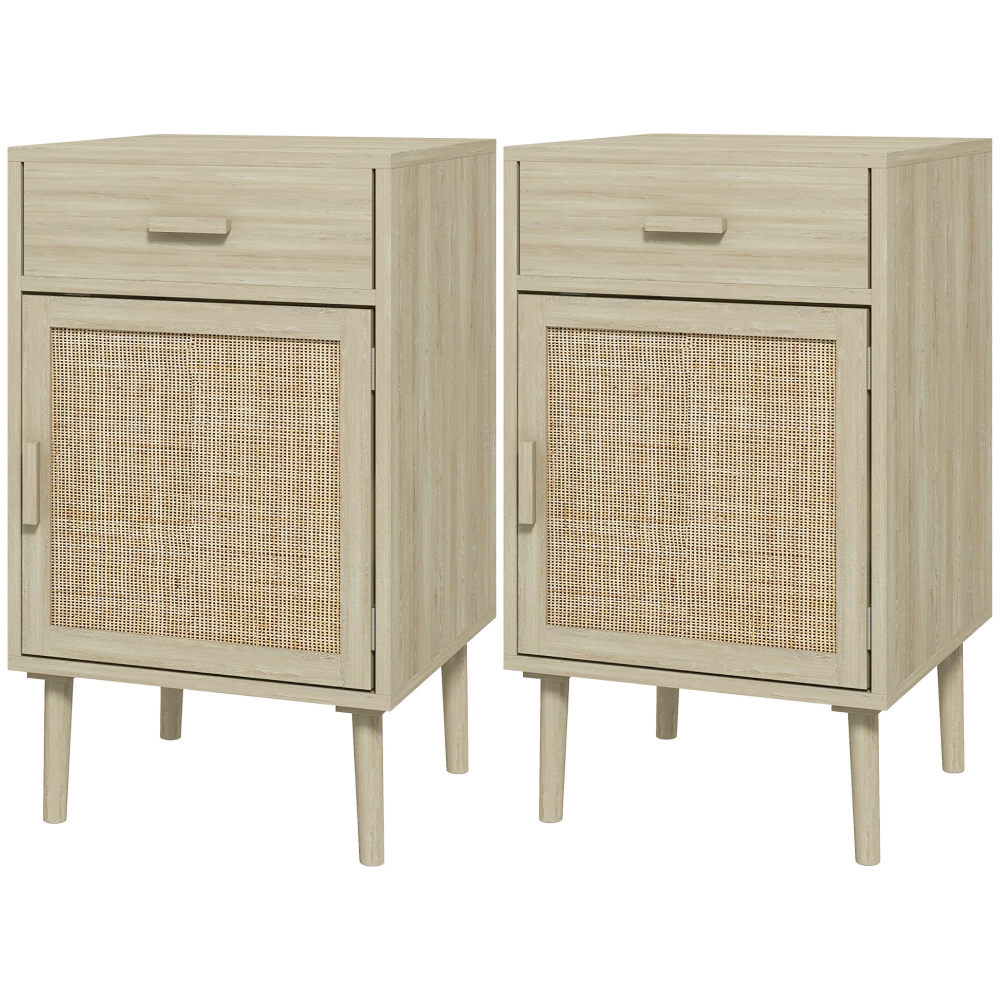 Set of 2 Bedside Tables for Bedroom with Drawer and Door in Boho Style Rattan, Wood Colour - Borgè