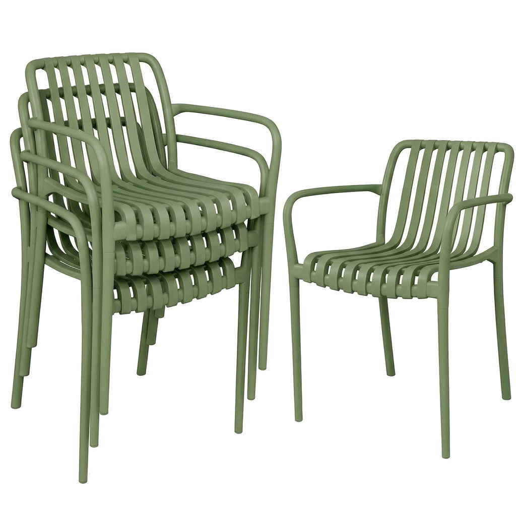 Outsunny Set of 4 Stackable Patio Chairs, Outdoor Dining Chairs with Curved Backrest, Slatted Seat and Armrests
