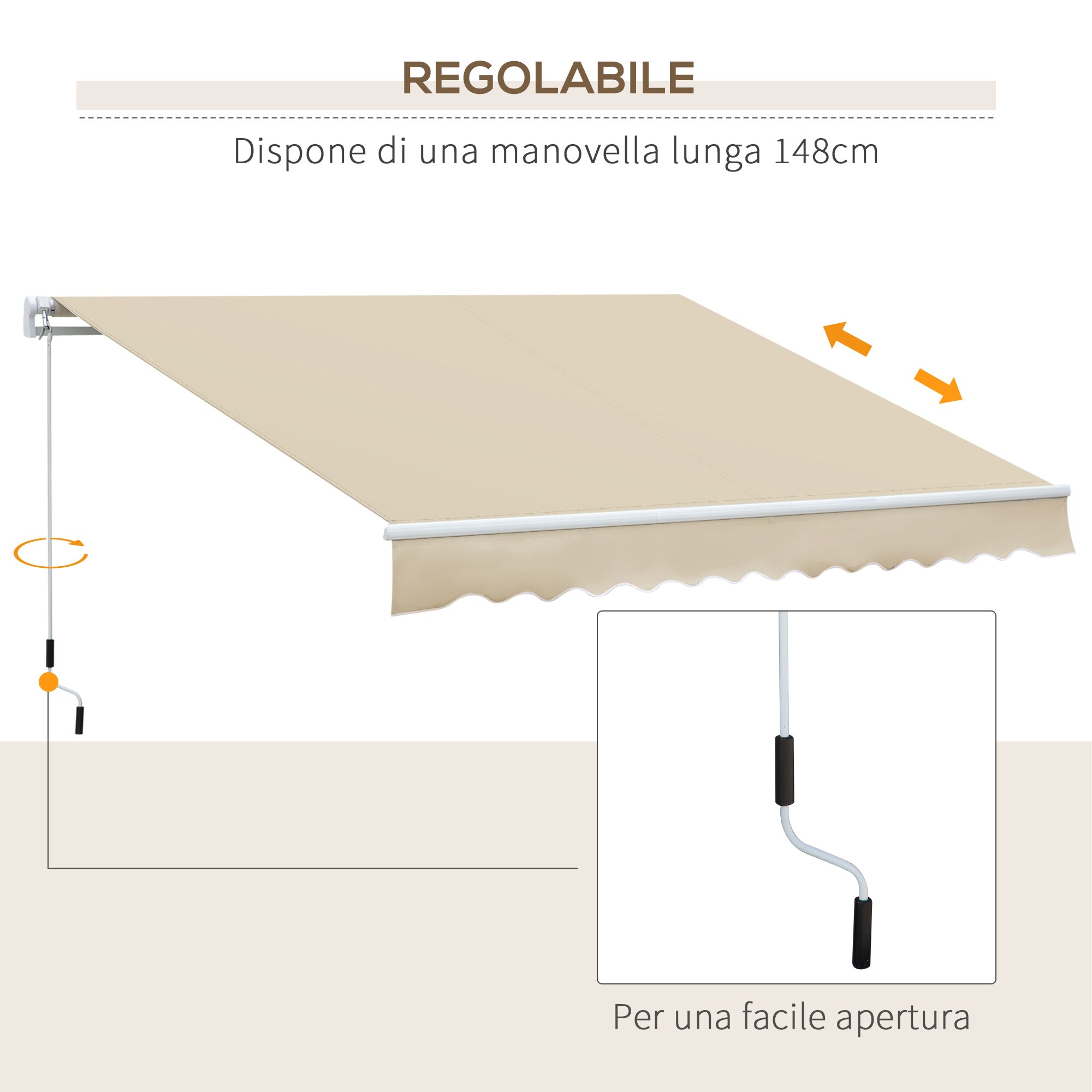 Outdoor Awning with Roller Arms and Crank Opening, 360x250 cm, Cream - Borgè