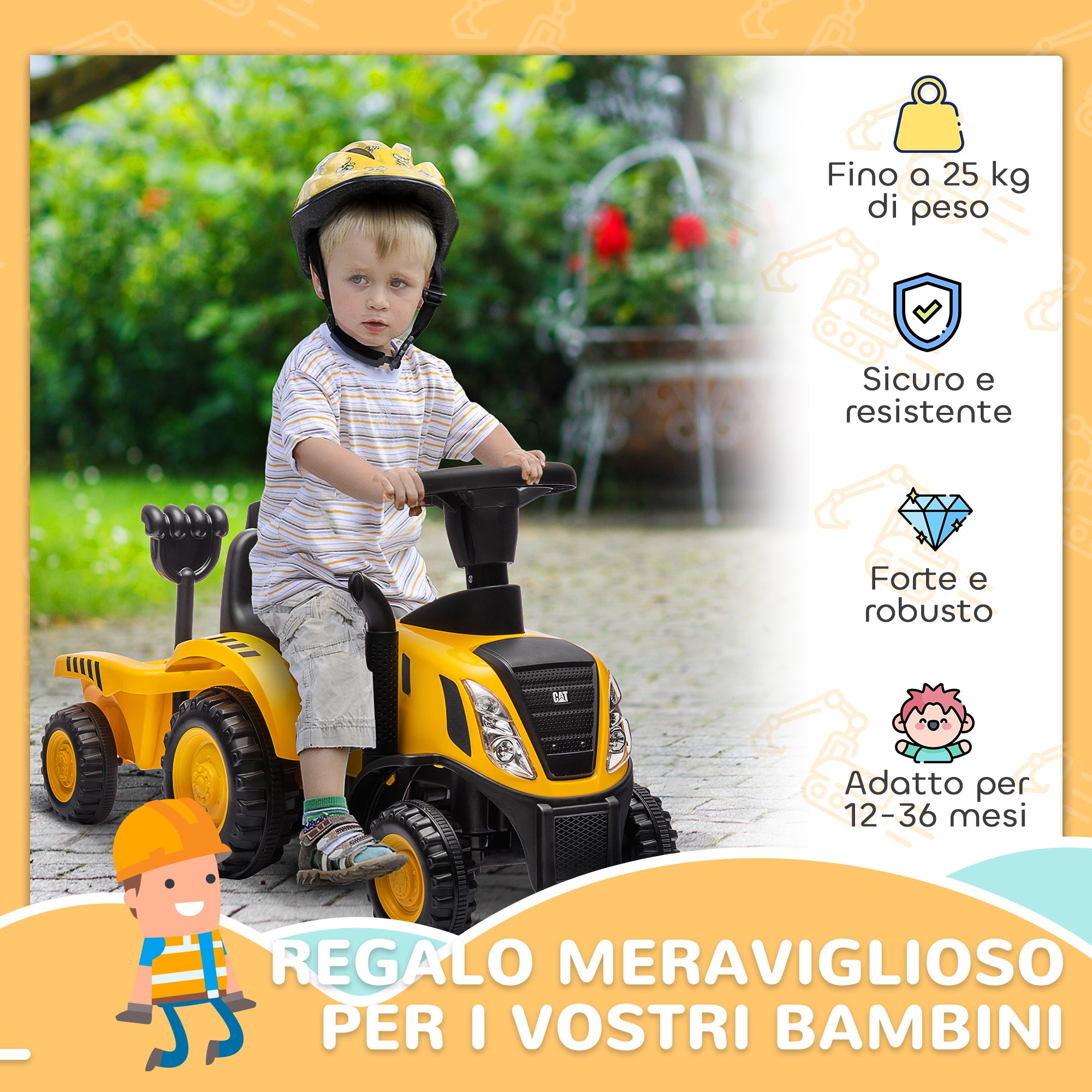 Toy Truck for Children 12-36 Months with Shovel and Trailer, in PP and Metal, 91x29x44 cm, Yellow