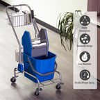 Professional Cleaning Trolley with 26L Bucket for Mop, Wringer and Mesh Baskets, Blue