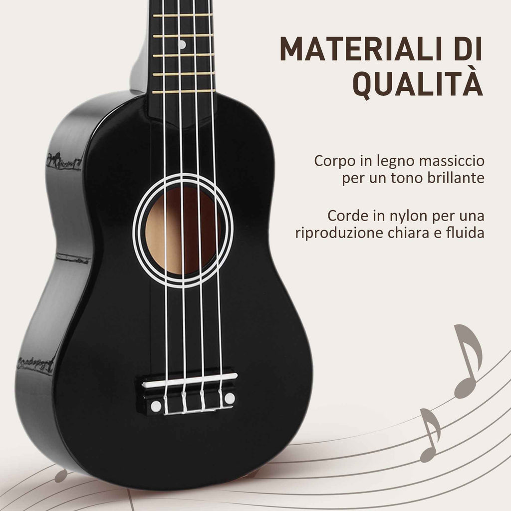 HOMCOM 21-Inch Beginner Ukulele with Nylon Strings, Pick and Replacement String, Black