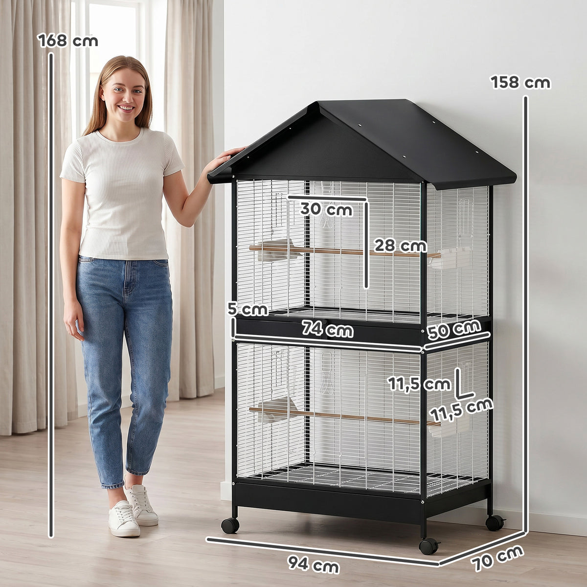 PawHut Large Bird Cage with Wheels, Removable Tray, Perches, Roof, Parrots, Canaries, Black
