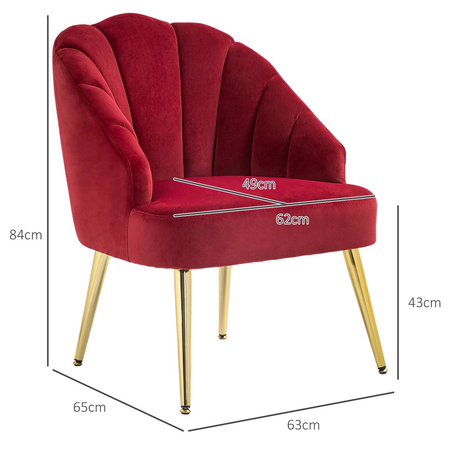 Art Deco Style Shell Living Room Armchair, Velvet and Steel, 63x65x84 cm, Red