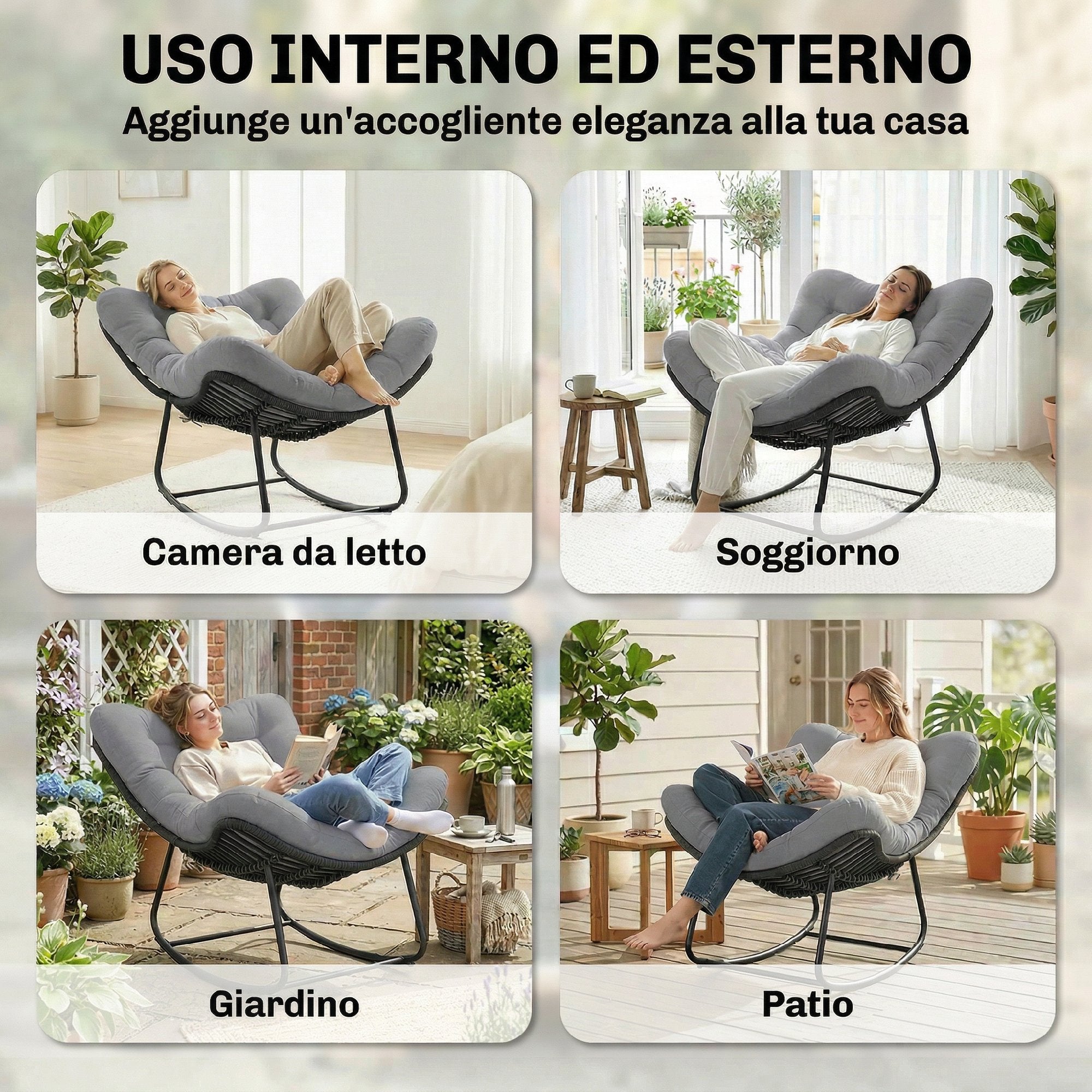Outsunny Rattan Rocking Chair with Soft Cushion for Garden, Balcony, Dark Grey
