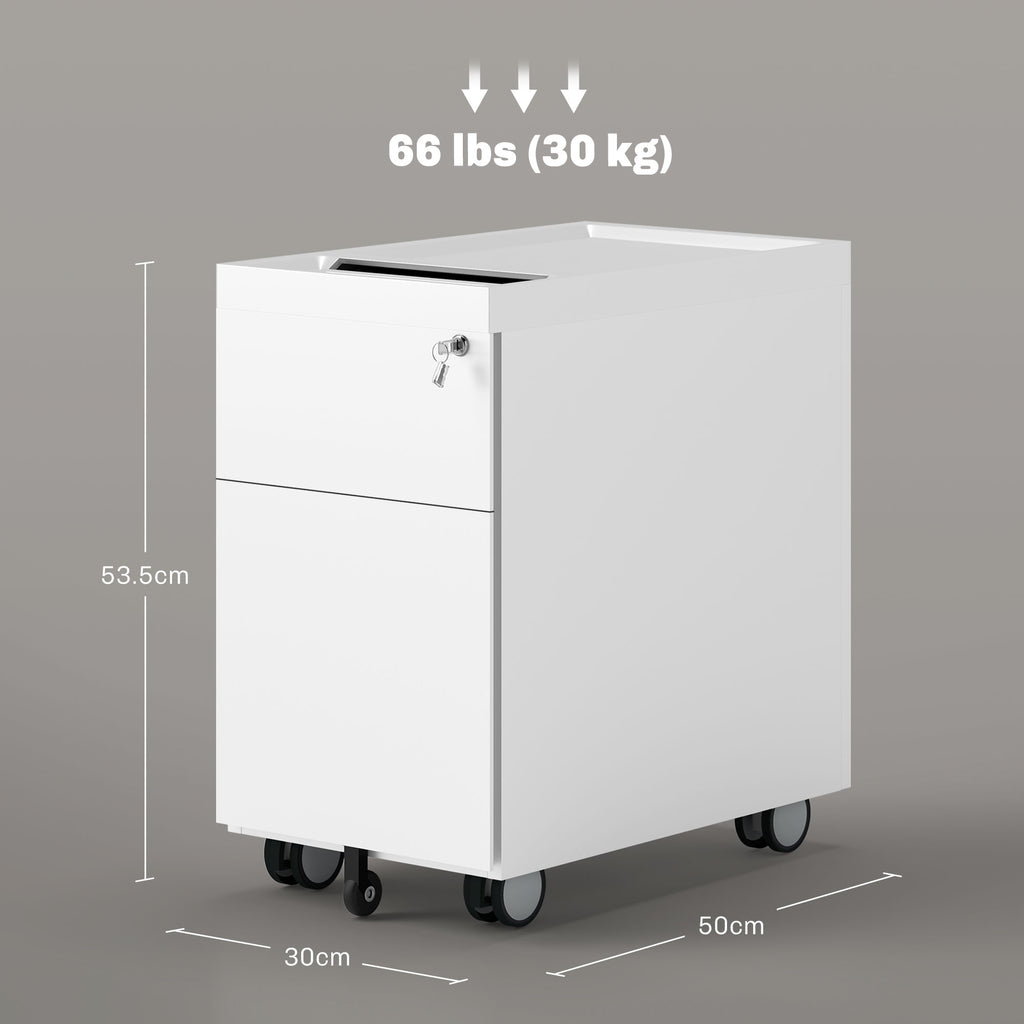 Office Filing Cabinet with 2 Drawers, Envelope Slot and Hanging Bar, Steel, 30x50x53.5 cm, White