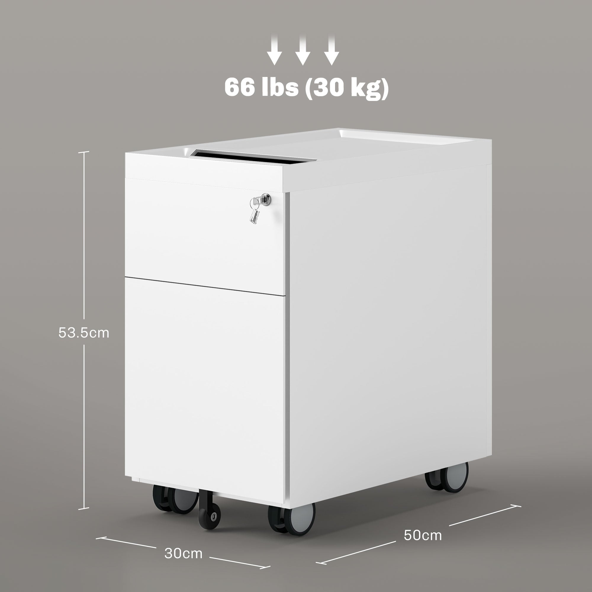 Office Filing Cabinet with 2 Drawers, Envelope Slot and Hanging Bar, Steel, 30x50x53.5 cm, White
