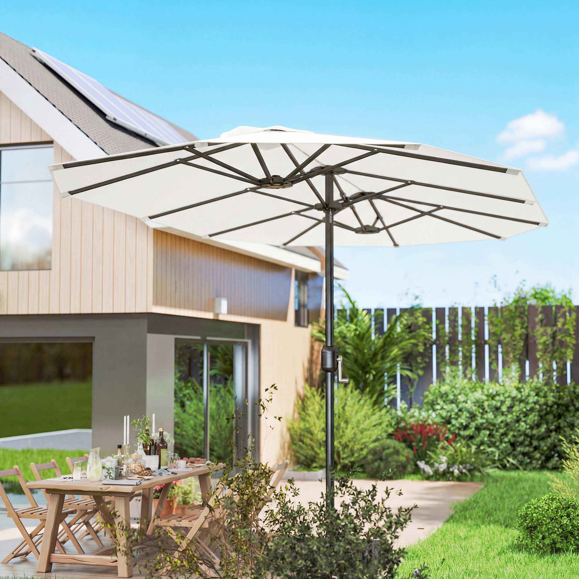 Outsunny 12-Ribbed Double Umbrella with Crank Handle, Metal and Polyester, 4.6 x 2.7 m, White