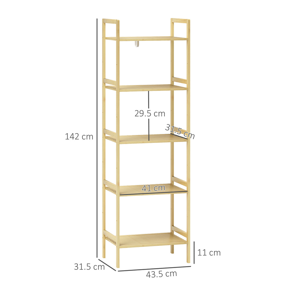 Bathroom Shelf with 5 Height-Adjustable Shelves in Bamboo, 43.5x31.5x142 cm, Natural Wood