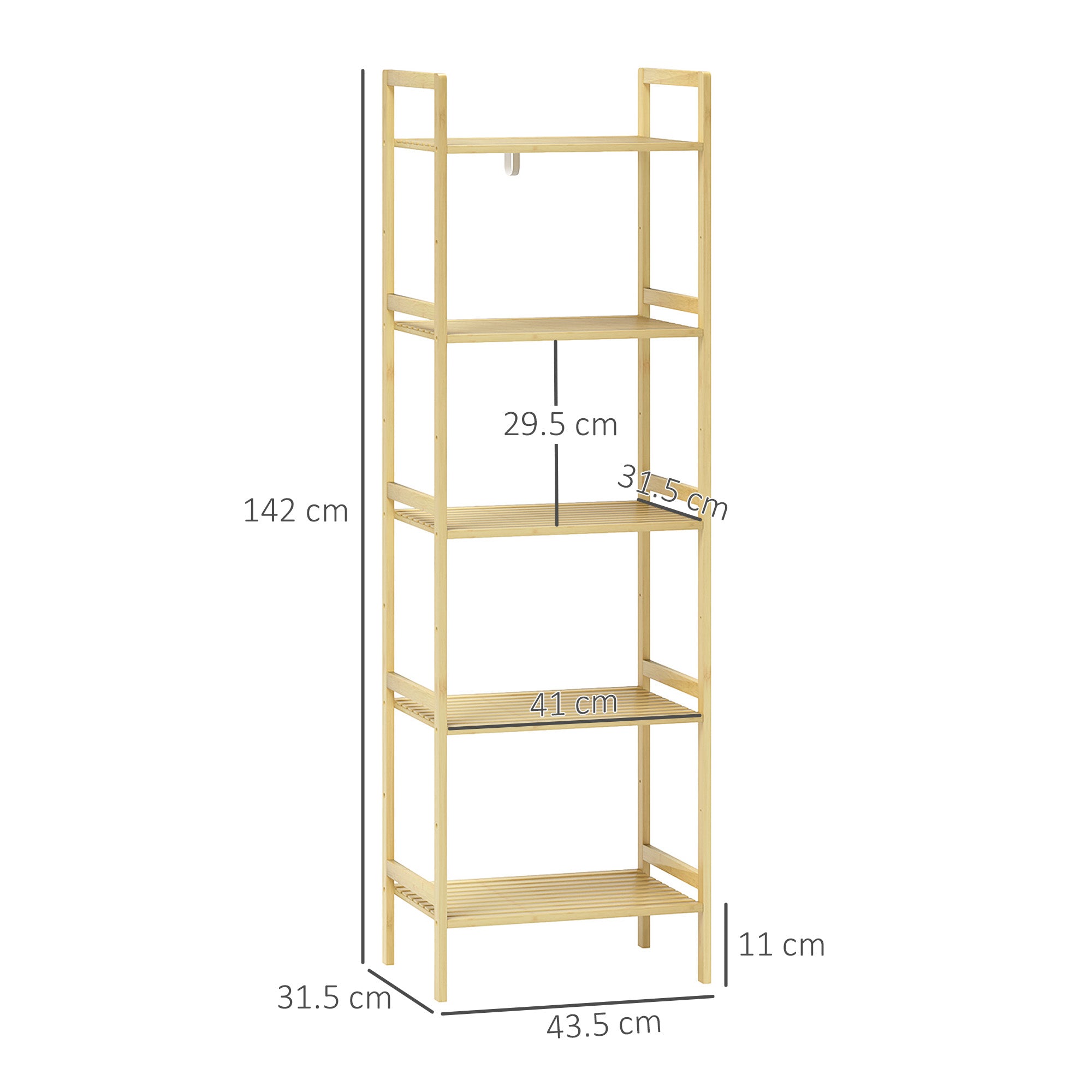 Bathroom Shelf with 5 Height-Adjustable Shelves in Bamboo, 43.5x31.5x142 cm, Natural Wood