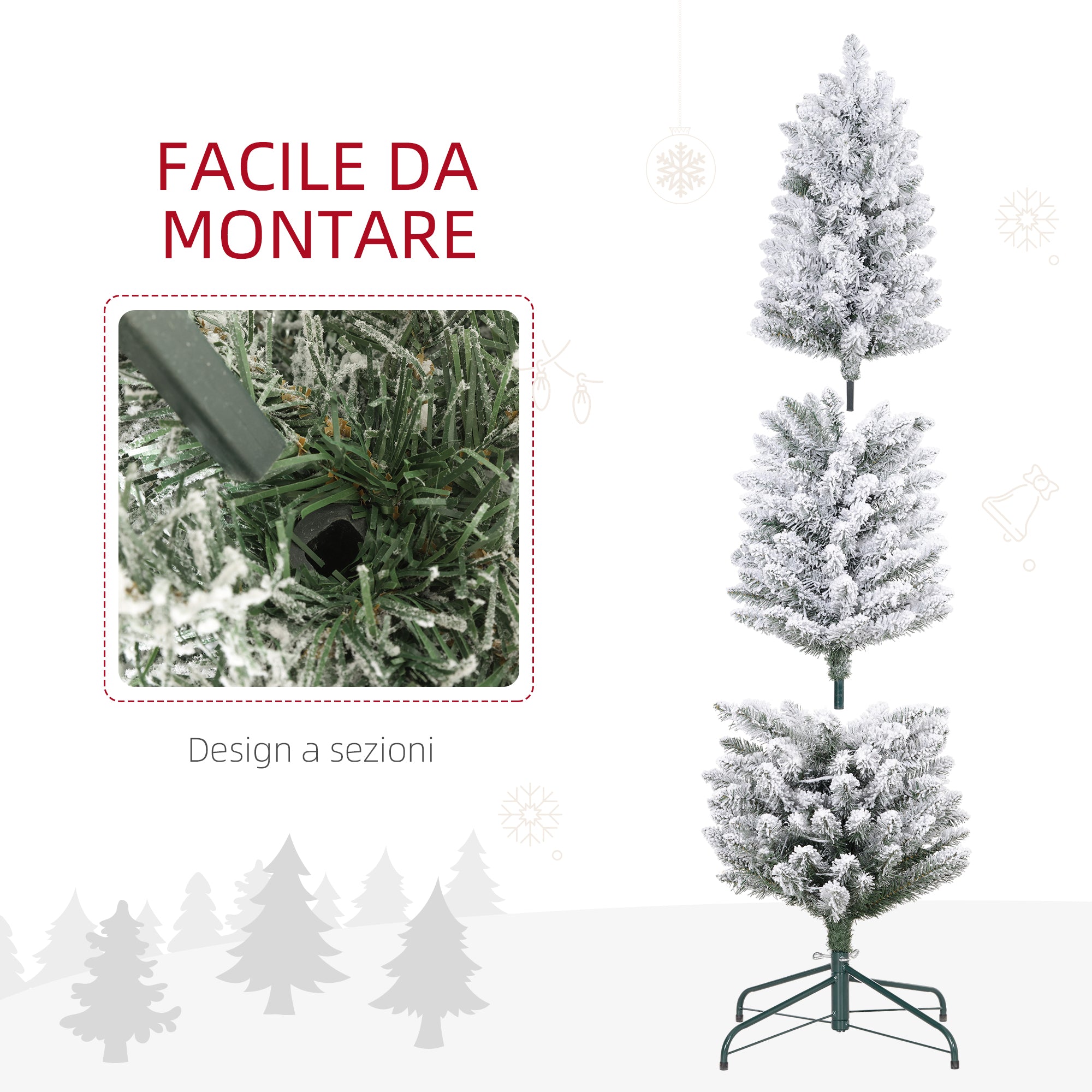 Snow-Covered Christmas Tree with 263 Branches and White LED Lights in Plastic and Metal, Ø45x150 cm, Green