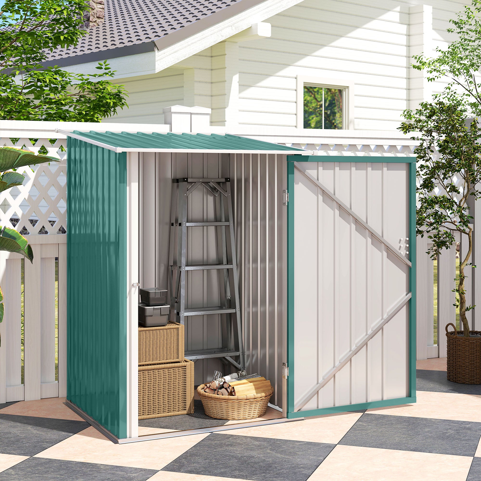 Galvanized Steel Garden Shed with Door, 100x103x160cm, Green