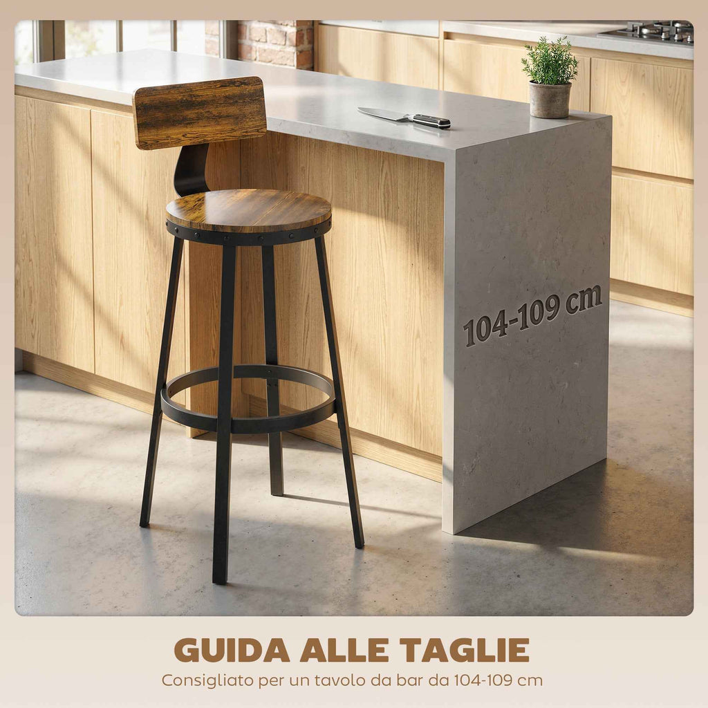 Set of 2 Rustic Bar Stools with Footrest, Wood and Metal, 37x47x96 cm, Brown