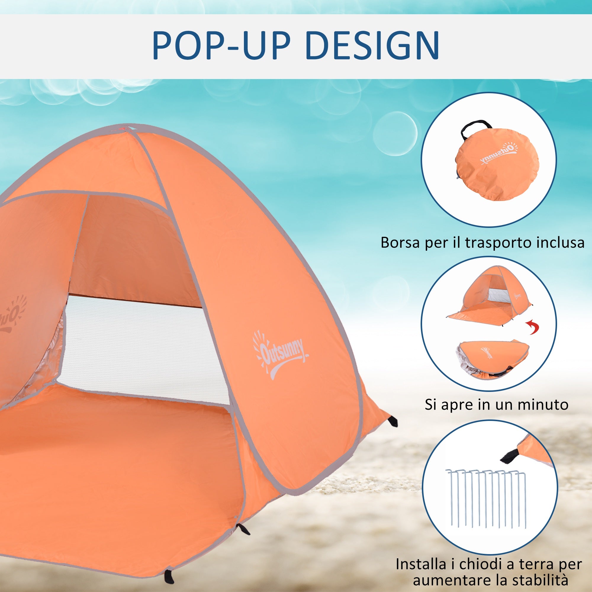 Pop Up Beach Tent with UV 30+ Protection and Transport Bag, 200x150x119 cm, Orange