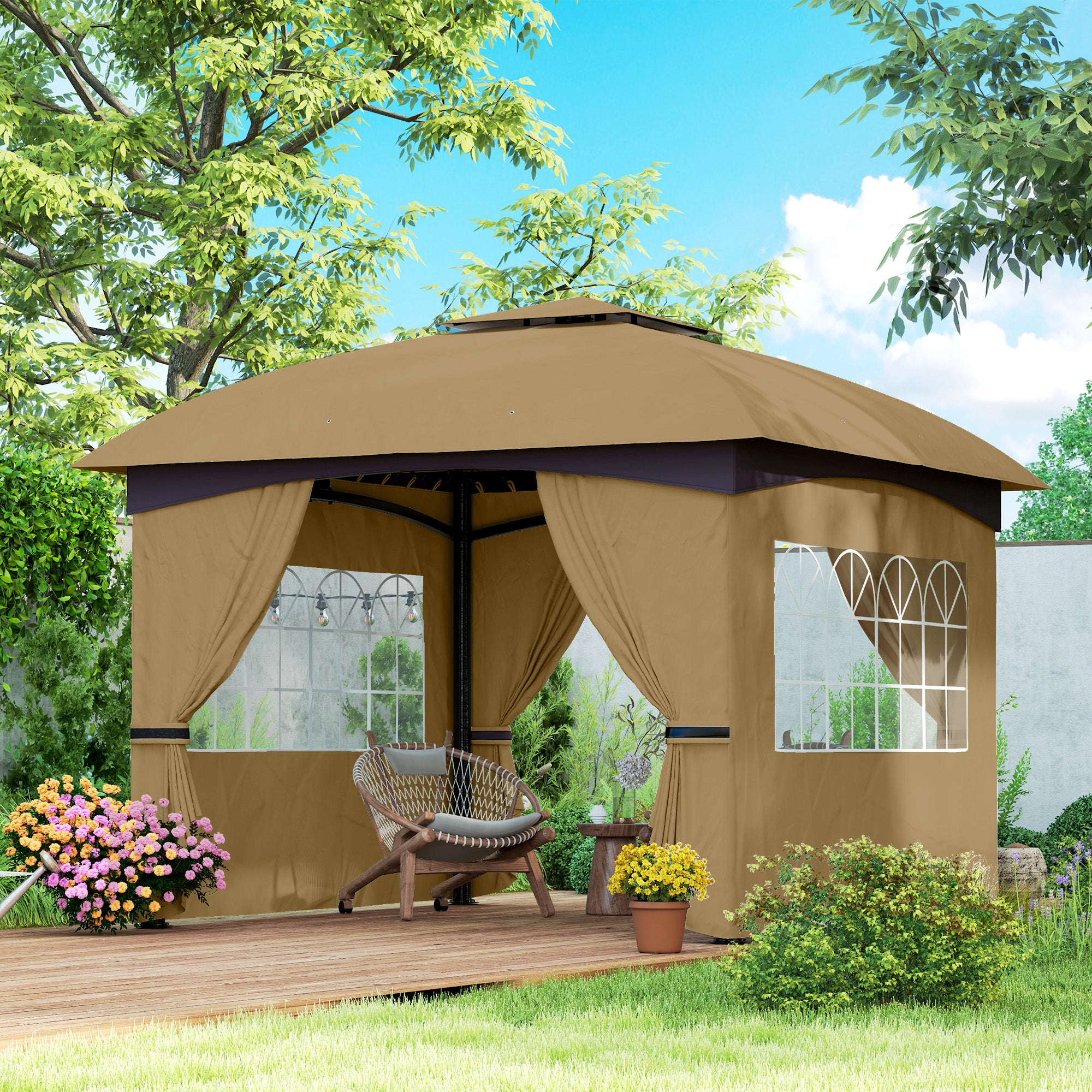 Garden Gazebo 3.4x3.4m with Walls, UV Protection and 2-Tier Roof, Beige