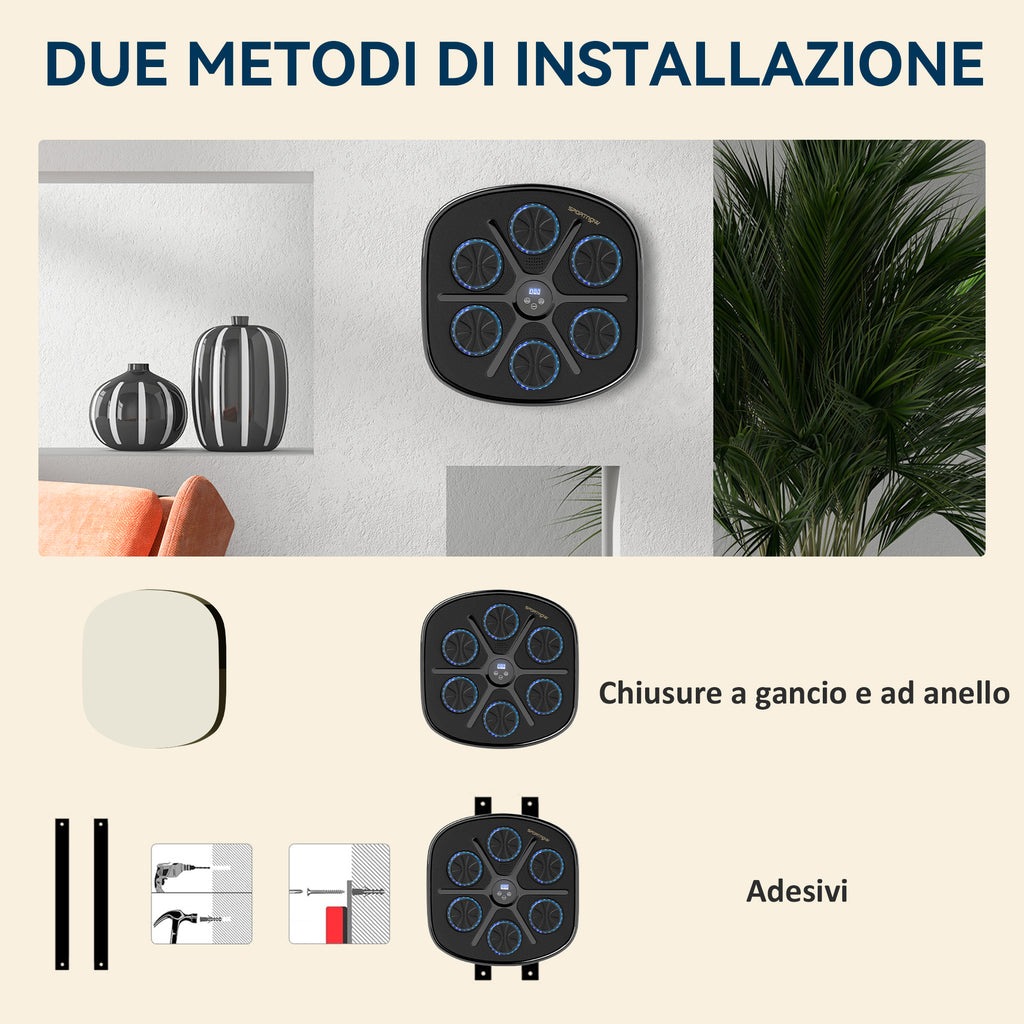 SPORTNOW Wall-Mounted Musical Boxing Machine with 9 Speeds, Bluetooth Connection and Gloves, 41.8 x 44.6 x 7.5 cm, Black and Blue