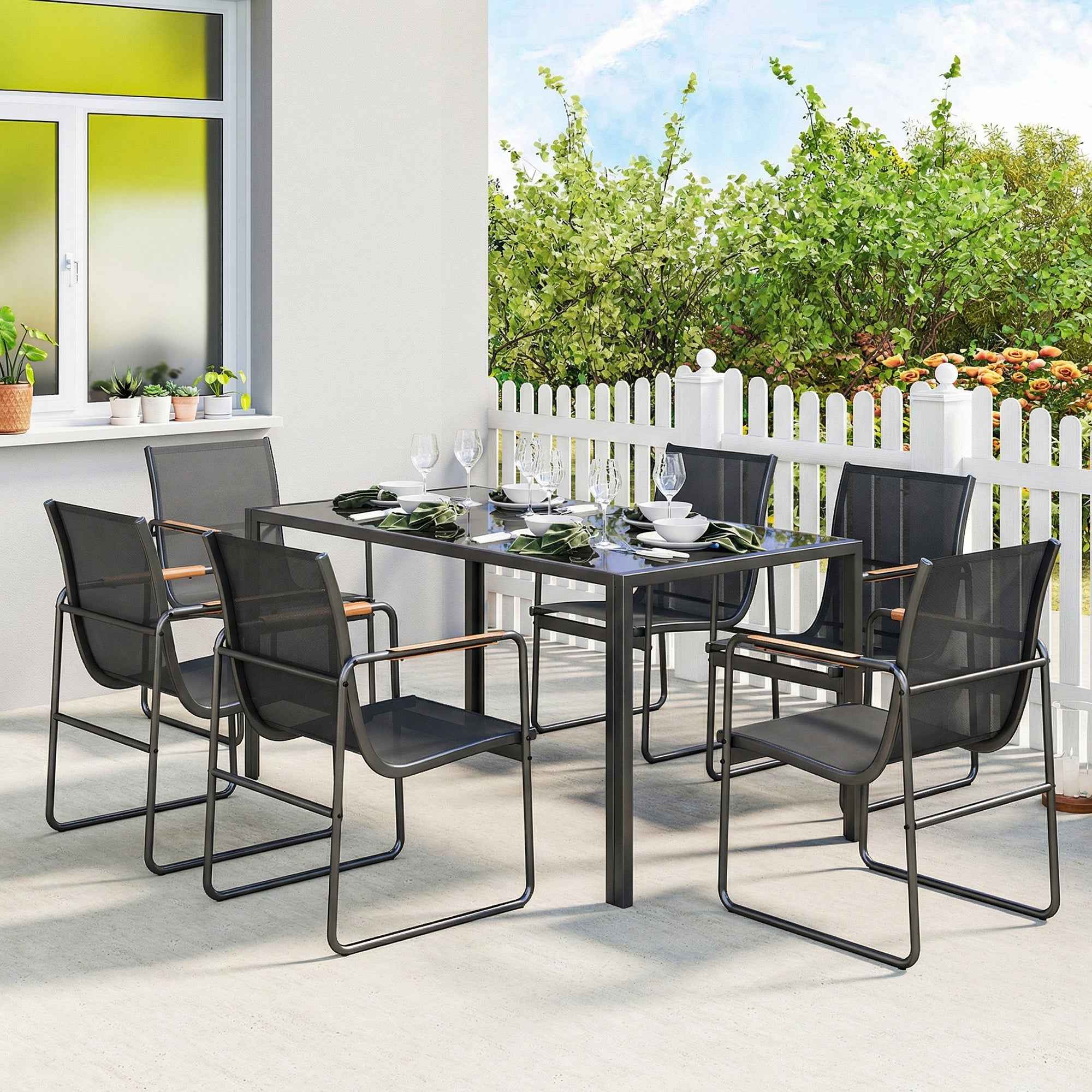 Outsunny Garden Table and 6 Chair Set with Steel and Glass Armrests, Black