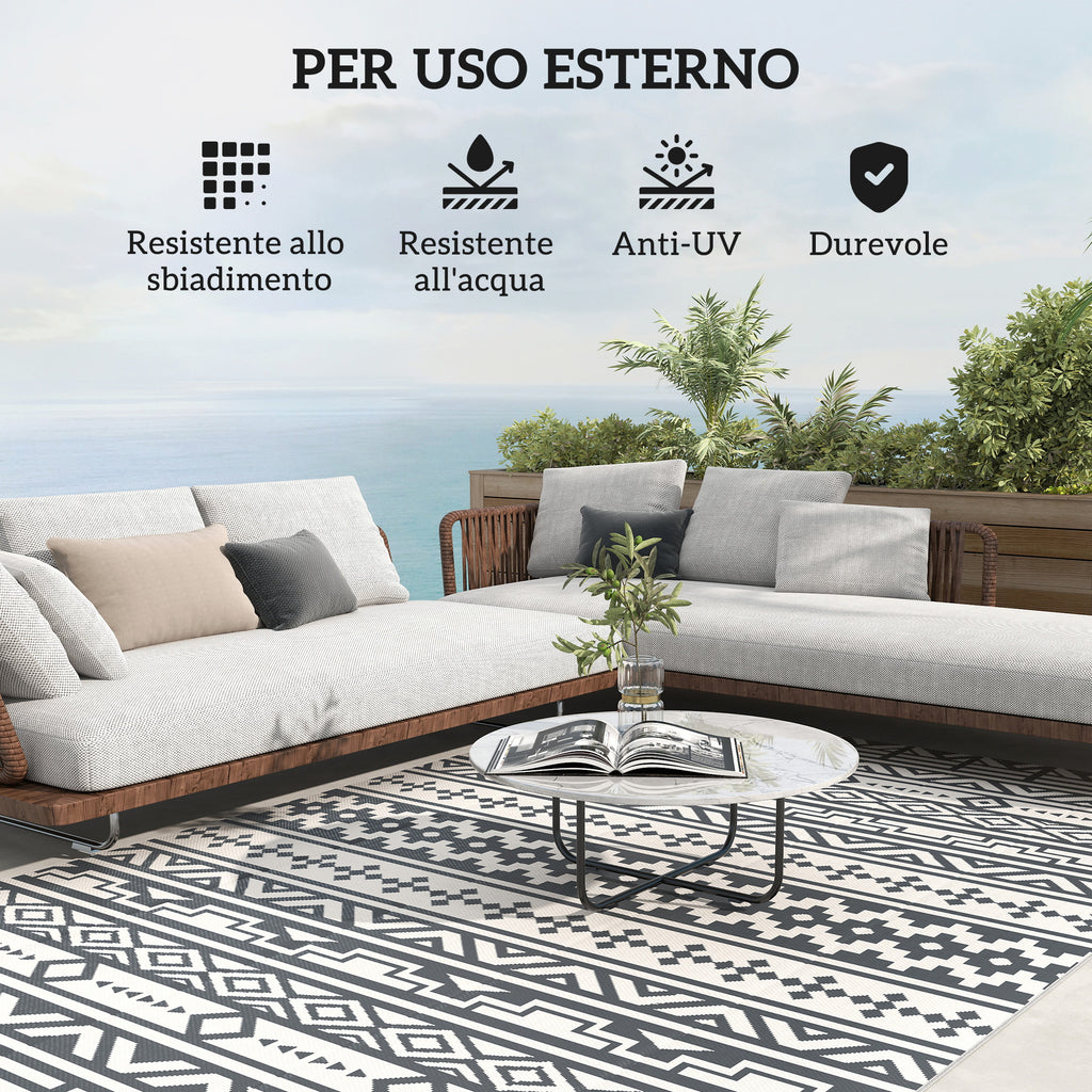 Reversible Outdoor Rug with Geometric Pattern and Bag Included, 182x274 cm, Gray and White
