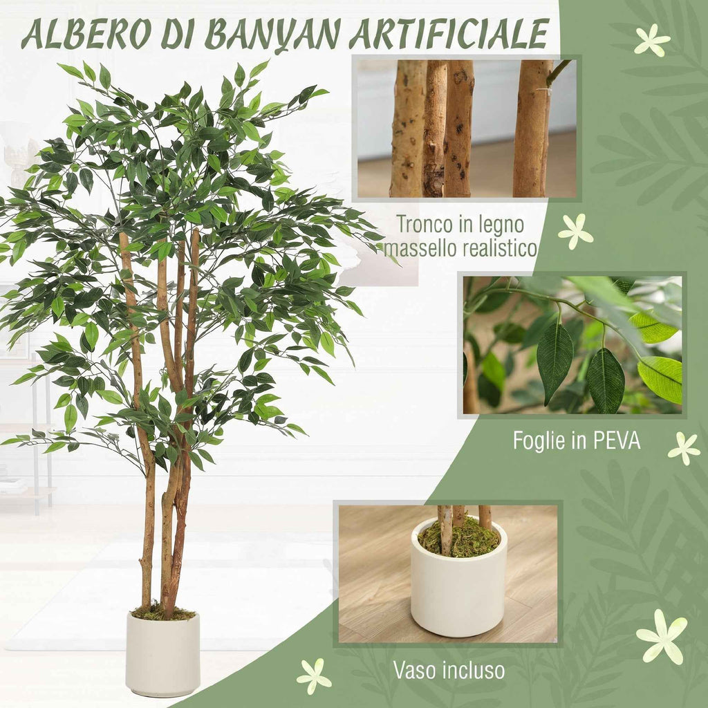 HOMCOM Artificial Banyan Tree Plant in PEVA and Wood with Adjustable Branches and White Container Pot in PP and Cement
