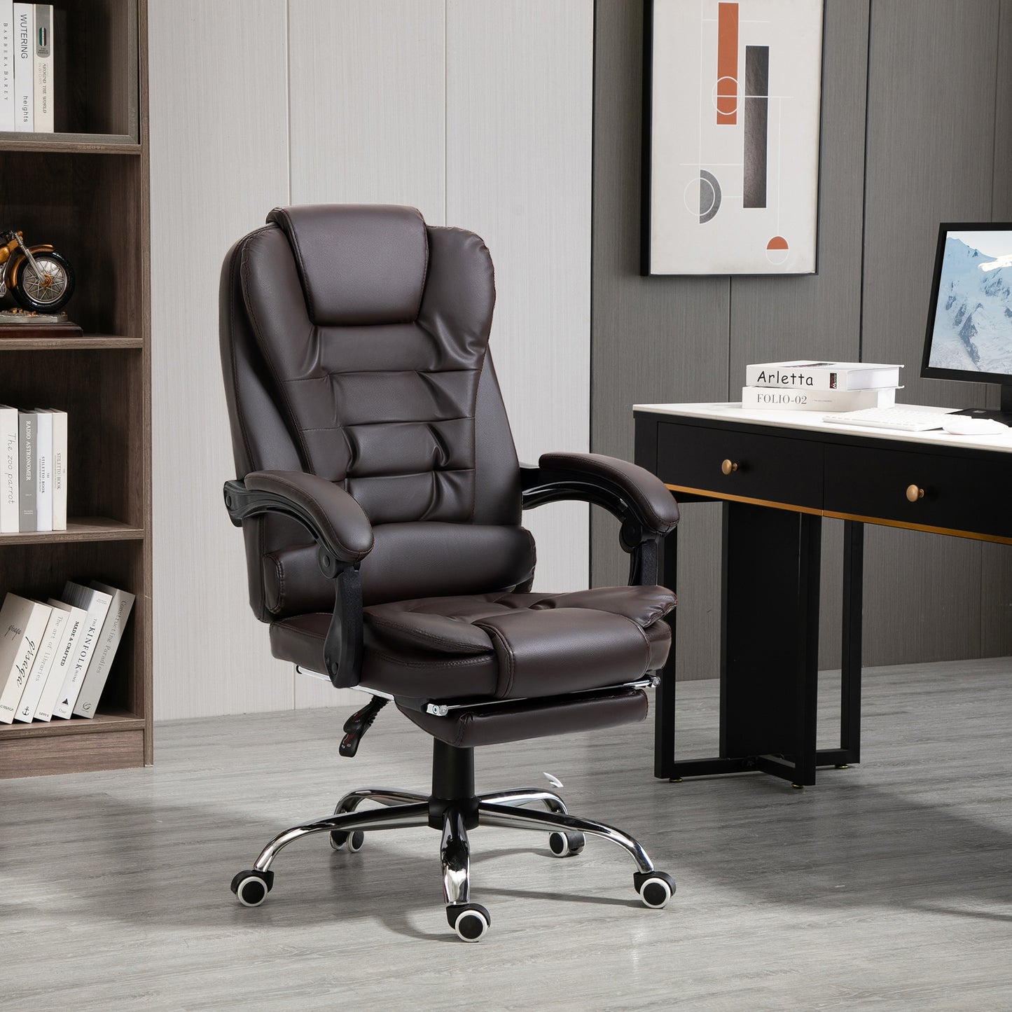 HOMCOM Presidential Style Reclining Office Chair with Footrest, 64.5x69x109-117 cm, Coffee color