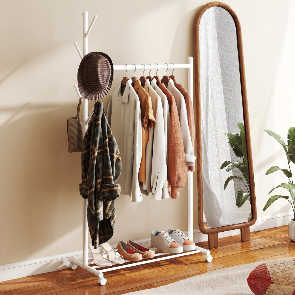 HOMCOM Metal Coat Rack with Wheels, 5 Hooks and Lower Shoe Shelf, Load Capacity 9 kg, White