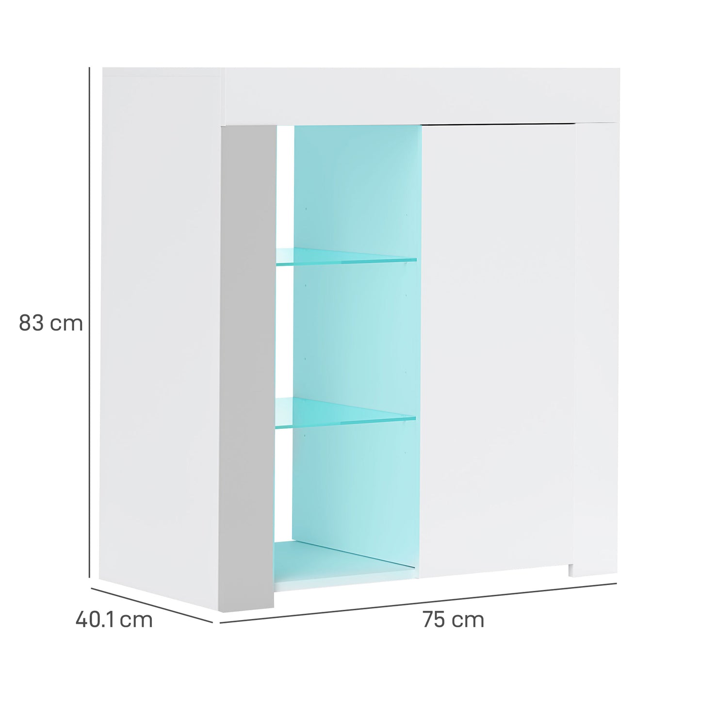 LED Storage Cabinet with 3 Open Shelves and 2-Tier Cabinet, Wood and Glass, 75x40.1x83 cm, White