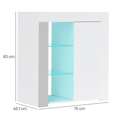 LED Storage Cabinet with 3 Open Shelves and 2-Tier Cabinet, Wood and Glass, 75x40.1x83 cm, White