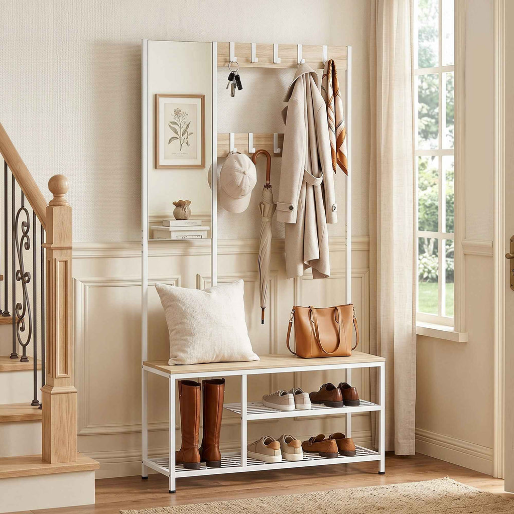 HOMCOM Hallway Coat Rack with Full-Length Mirror and Shoe Bench, Wood and Metal, Wood Color