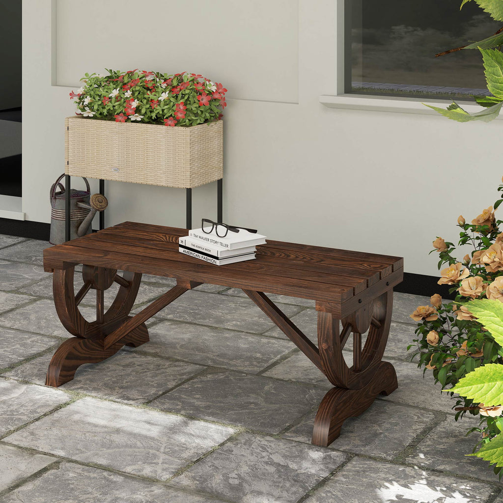 Outsunny 2-Seater Garden Bench with Wheel Design, Outdoor Slatted Fir Wood Bench, Patio and Backyard Terrace Bench, 98x50x39.5 cm, Brown