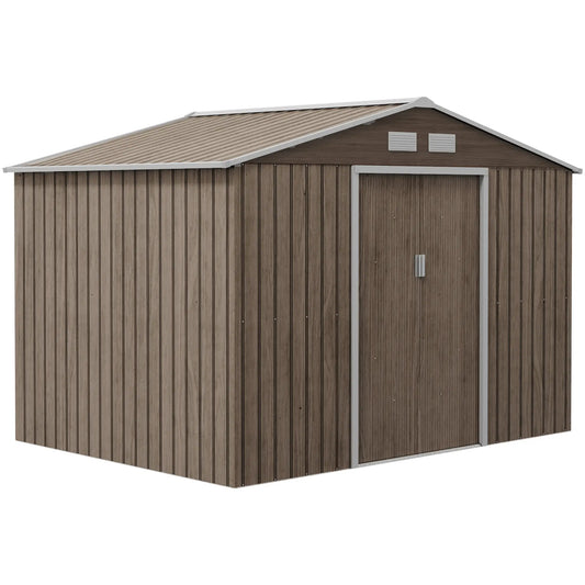 Steel Garden Shed with 4 Air Vents and 2 Sliding Doors, 277x195x192 cm, Light Brown