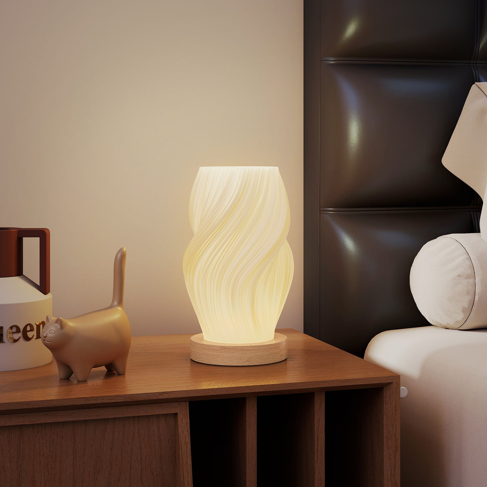 3-Color Wavy Table Lamp with USB Port, ABS and Rubber, Ø12x20 cm, White and Wood Color