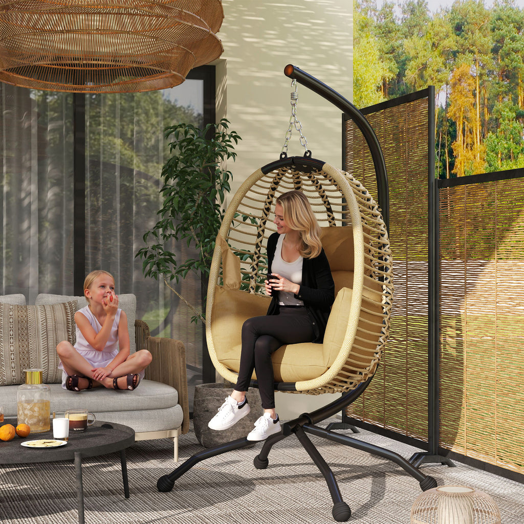 Outsunny Hanging Chair with Padded Cushion, Folding Seat and Steel and Rope Frame, Beige