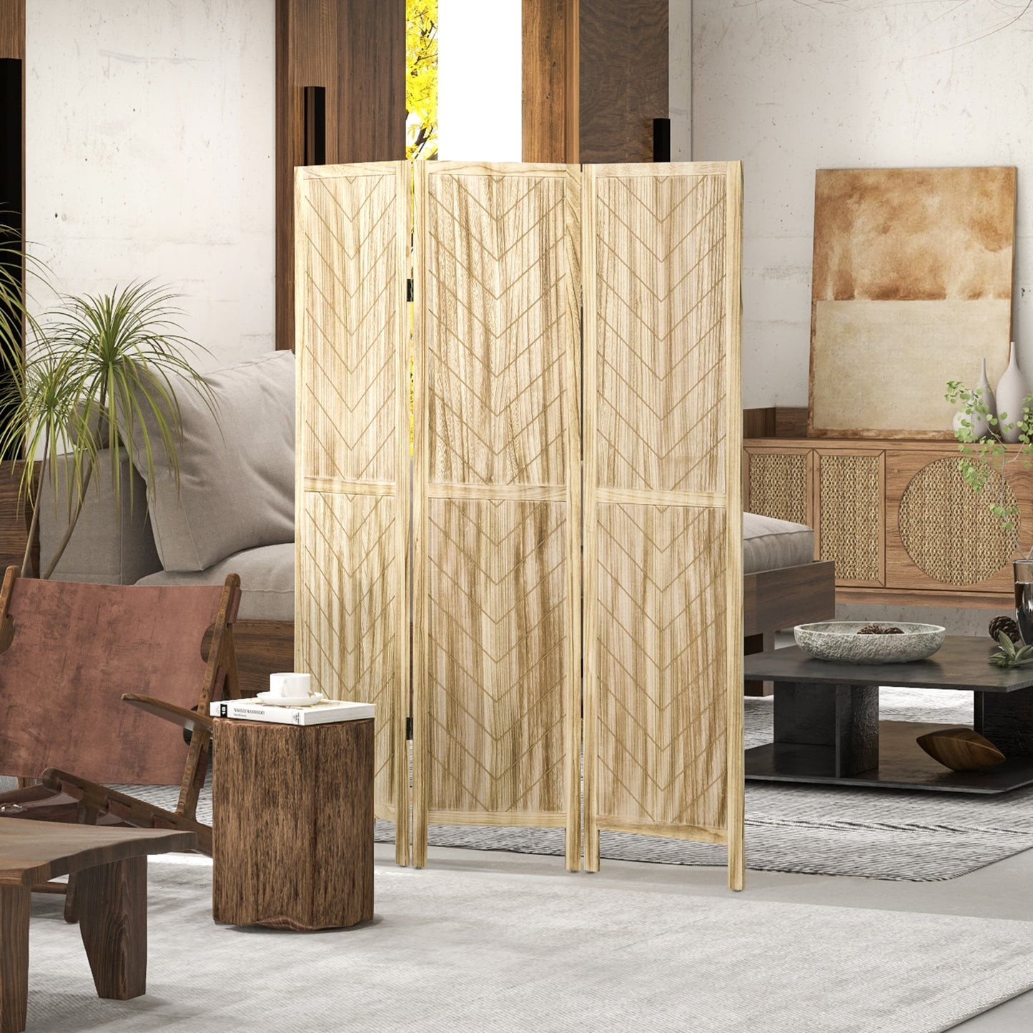 3-Panel Folding Herringbone Wooden Indoor Screen, 120x1.6x170cm