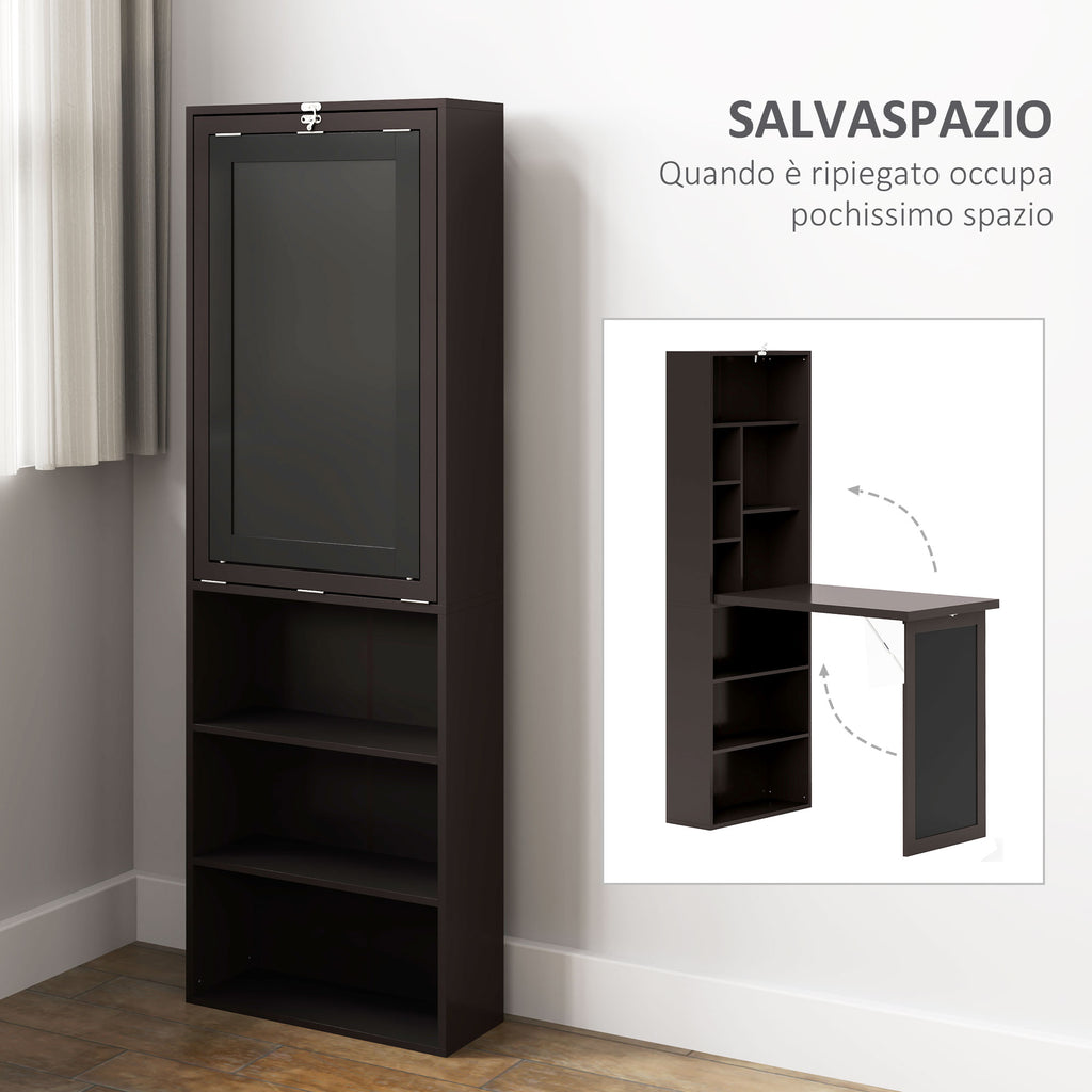 Modern Folding Desk with Bookcase and Blackboard, Wood and Metal, 98x51x153 cm, Brown