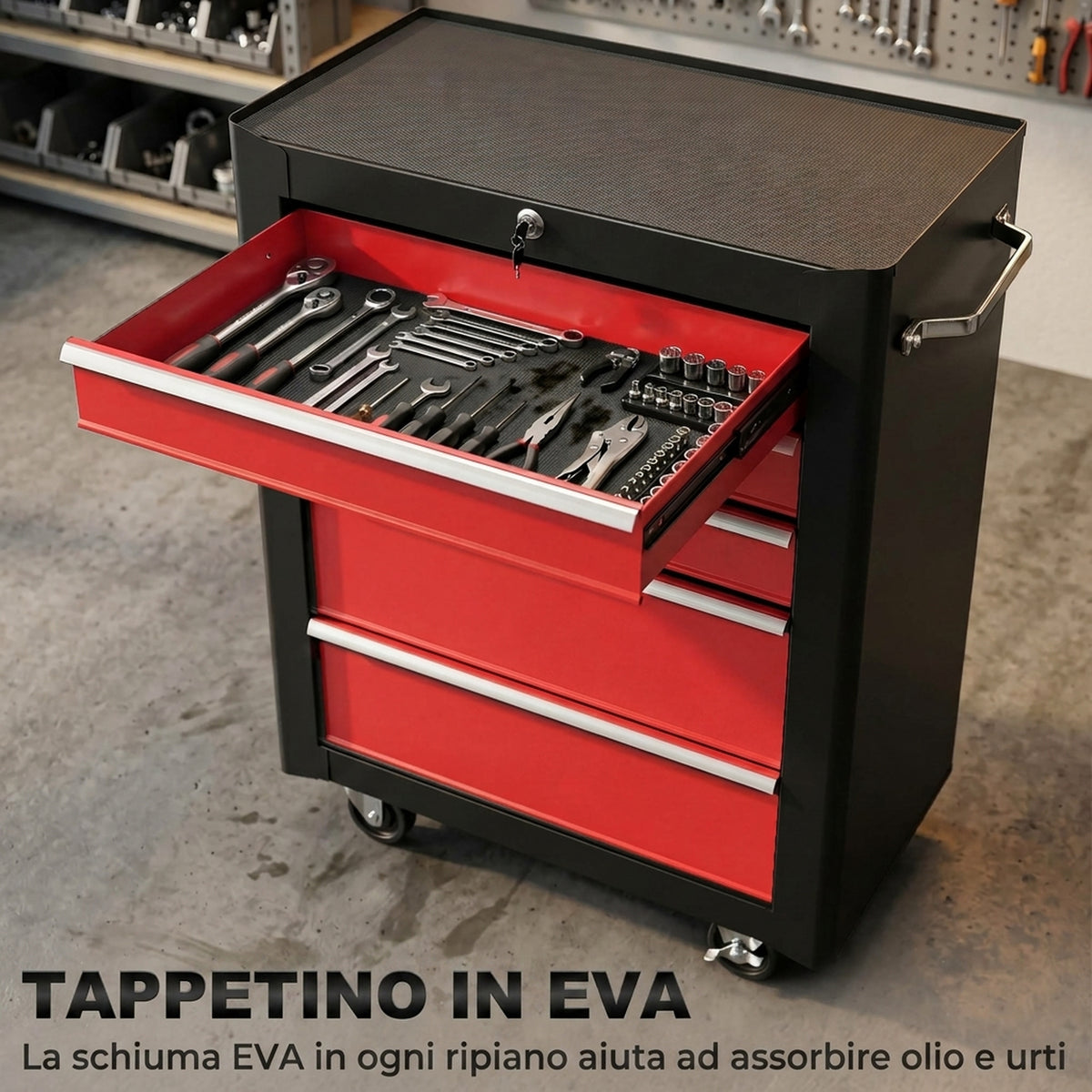HOMCOM Tool Cart with 5 Drawers, EVA Mats, Lock and 2 Keys, 4 Swivel Wheels, Black Red
