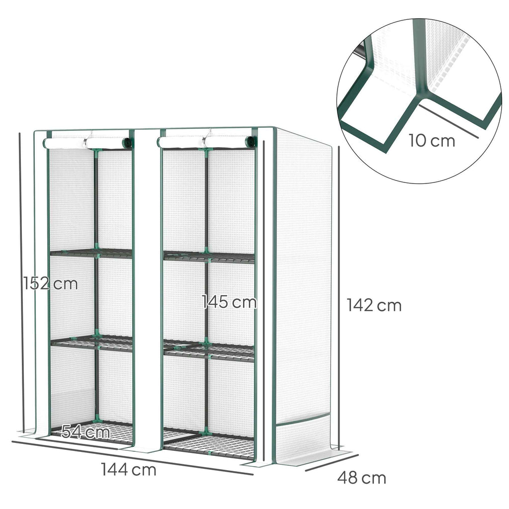Outsunny Garden Greenhouse with 2 Roll-Up Doors, 3-Tier Shelving and Side Pockets, White and Green
