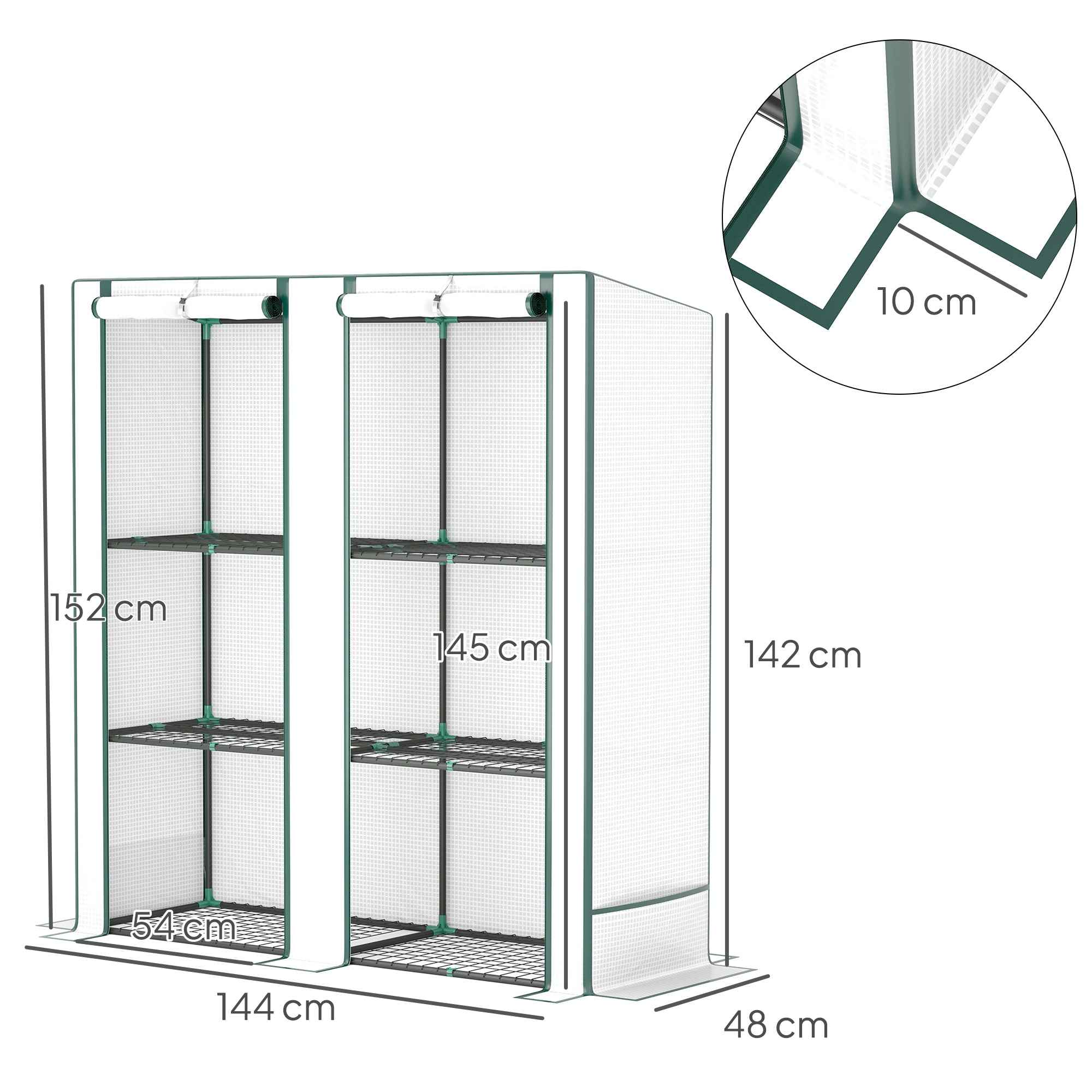 Outsunny Garden Greenhouse with 2 Roll-Up Doors, 3-Tier Shelving and Side Pockets, White and Green