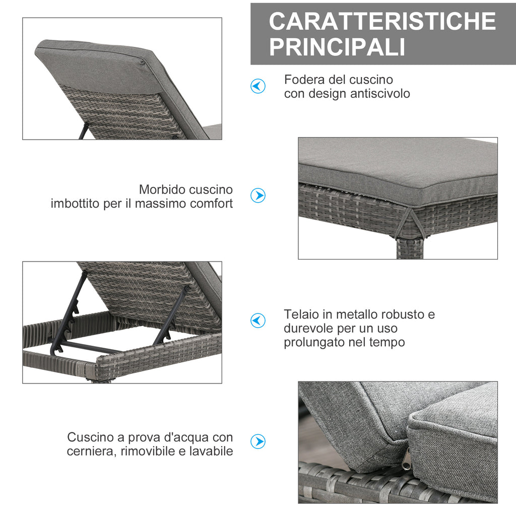 Outsunny Set of 2 Garden Loungers with Adjustable Padded Cushion, Grey