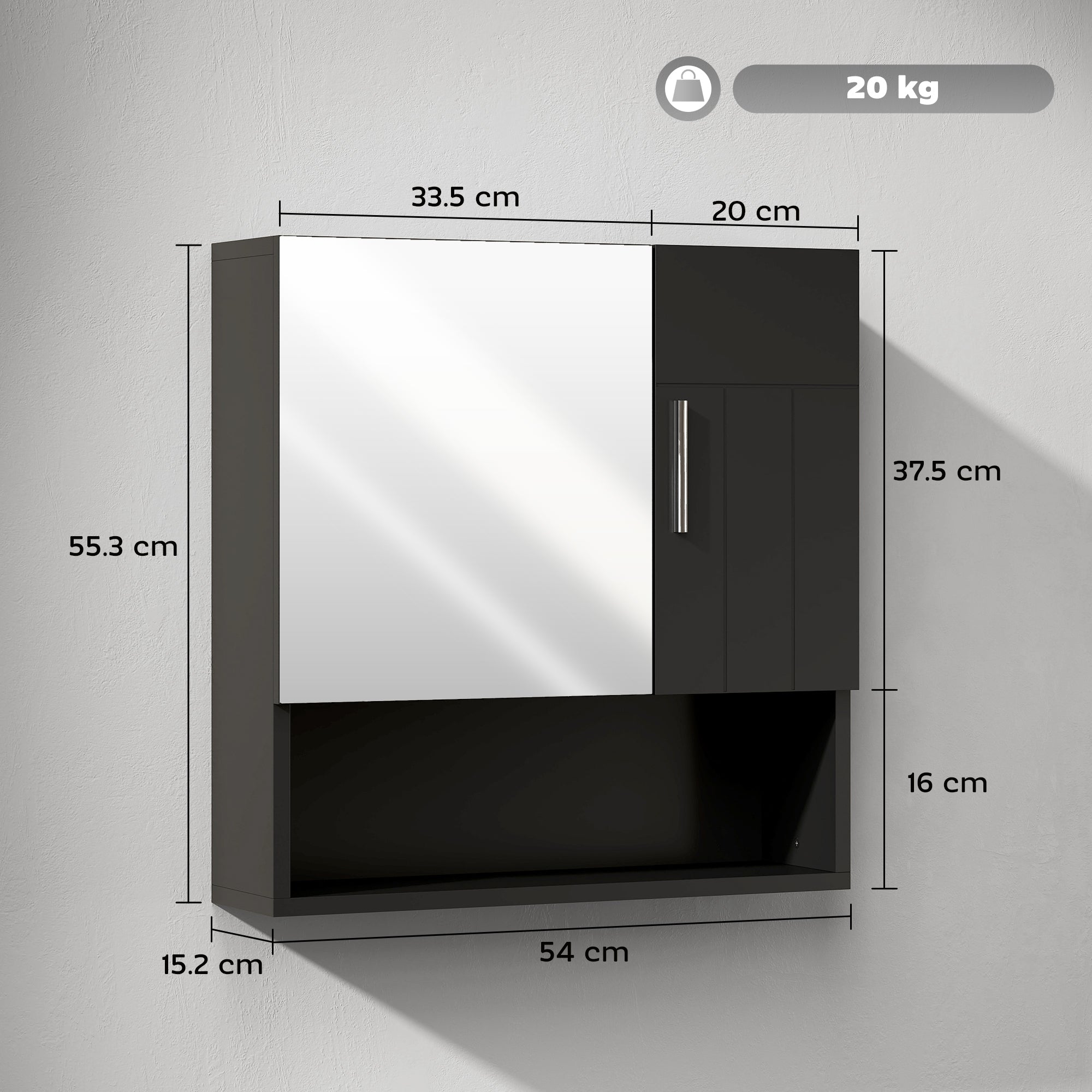 Wooden Bathroom Mirror Cabinet with Adjustable Shelves and Open Shelf, 54x15.2x55.3 cm, Black